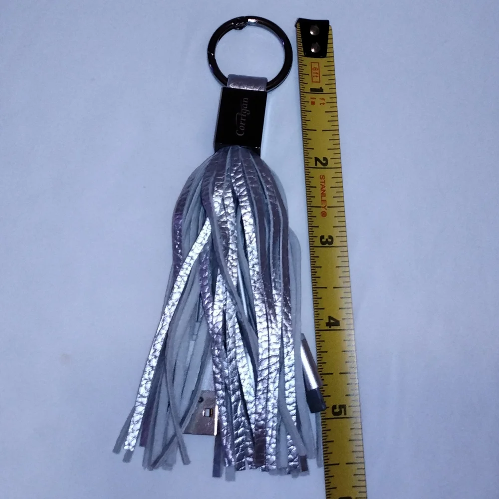 Multi Charger Cable Silver Leather Tassel Keychain UBS Micro USB & iPhone NWOT